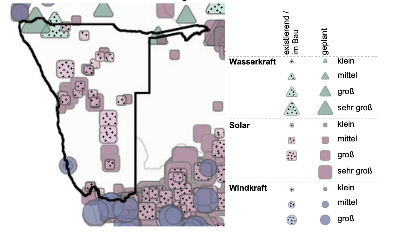 Karte mit Deutschland und Symbolen für Wasser-, Solar- und Windkraftanlagen.